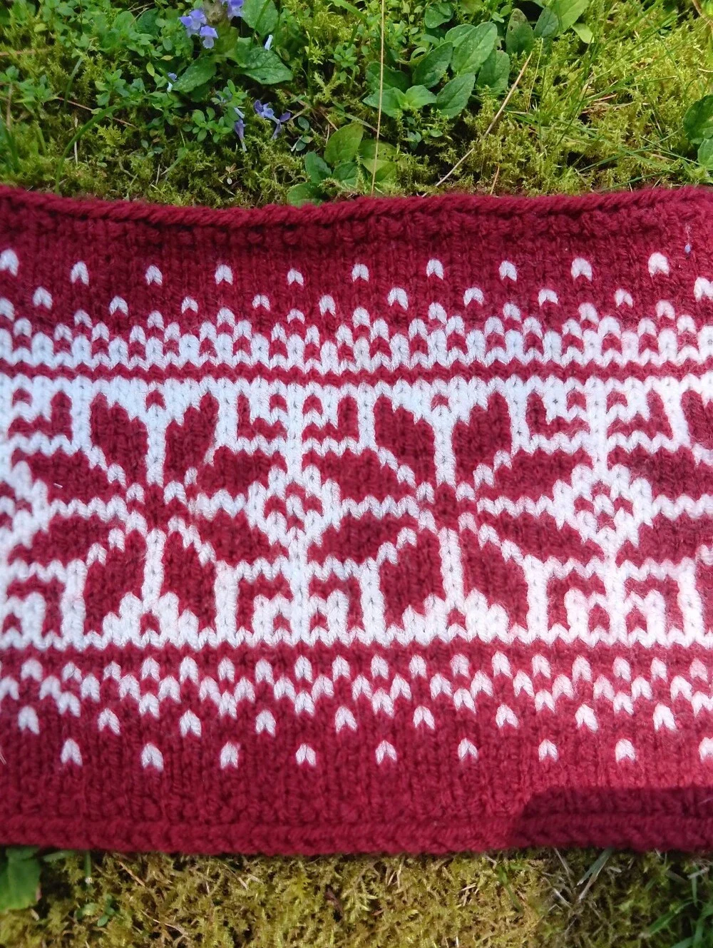 Handmade Handknit Ruby Red & Ivory Scandinavian Motif Cowl Scarf Adult OSFM